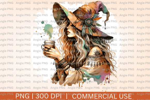 Fall Boho Witch with Coffee PNG Clipart: A Versatile Graphic for Handmade Creations