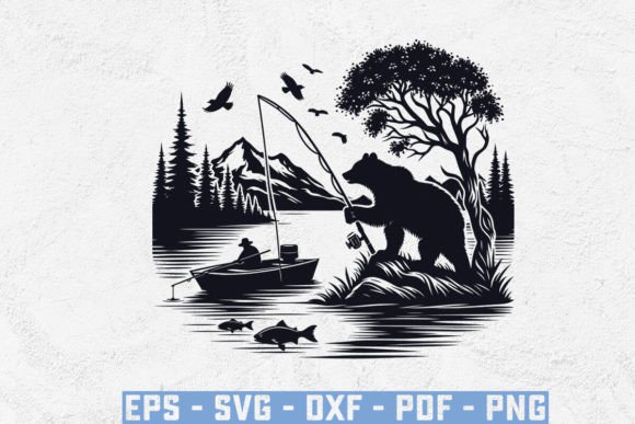 Fishing Bear Vector Silhouette for Crafts and Graphics