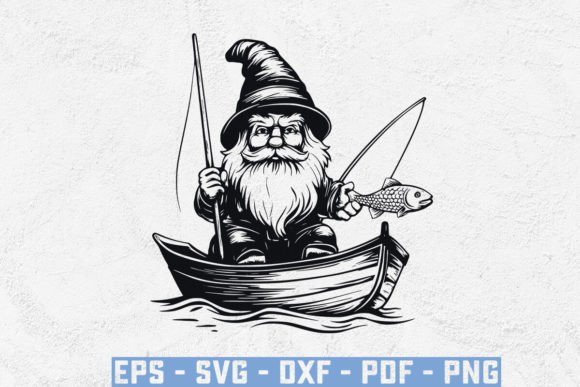 Gnome Wearing a Hat and Holding a Fish – A Whimsical Graphic for Crafts & Graphics