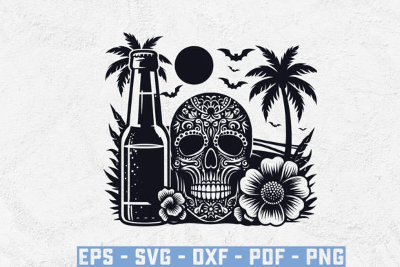 Skull Head with Beer Bootle and Beach: A Whimsical Graphic for Crafts & Creative Projects
